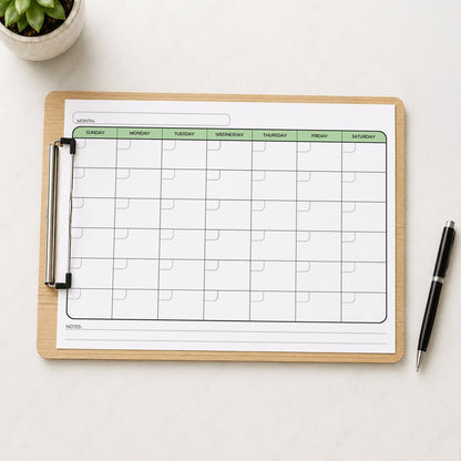 The printed Undated Monthly Calendar - Green Full-Page Planner (printable) page shown on a wooden clipboard on a table with a plant and a pen.