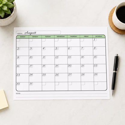The printed Undated Monthly Calendar - Green Full-Page Planner (printable) page shown with example writing on a desk with a plant, coffee, sticky notes, and a pen.