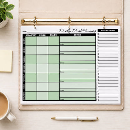 A printed Green Weekly Meal Planner with Grocery List (printable page) shown in a beige binder on a desk with a plant, sticky notes, coffee, and a pen.