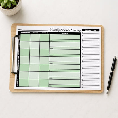 A printed Green Weekly Meal Planner with Grocery List (printable page) shown on wooden clipboard on a table with a plant and a pen.
