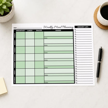A printed Green Weekly Meal Planner with Grocery List (printable page) shown on a desk with a plant, sticky notes, coffee, and a pen.