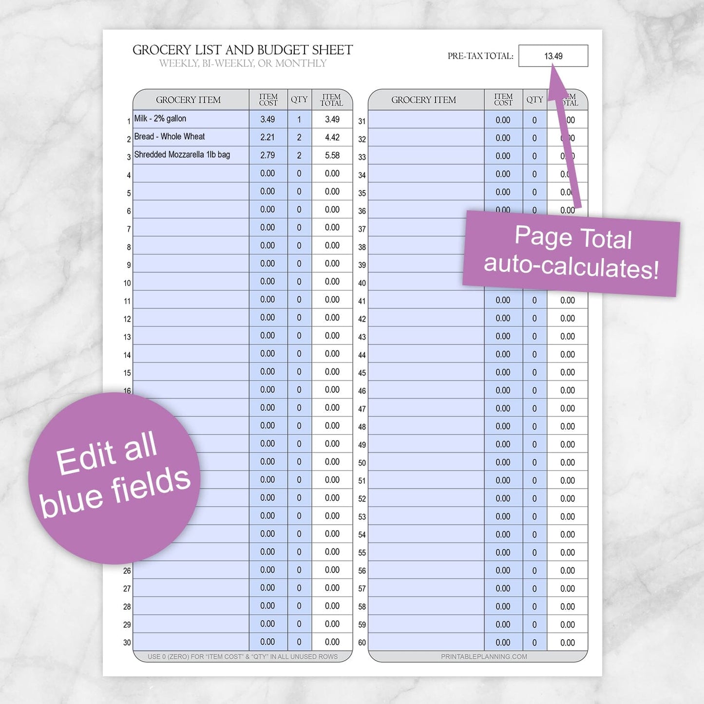 Printable Grocery Budget List and Worksheet at Printable Planning. Edit all blue fields.