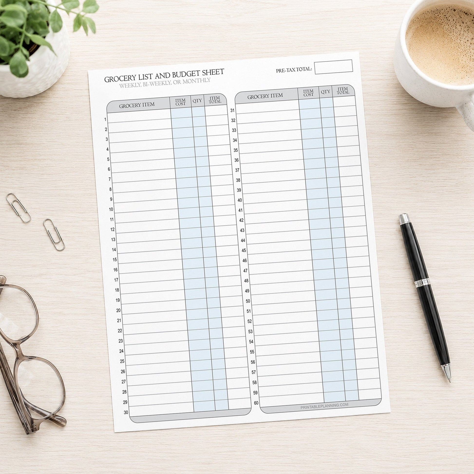A printed Grocery Budget Planner & Shopping List (printable), the blank page version, shown on a table with a plant, glasses, paperclips, coffee, and a pen.