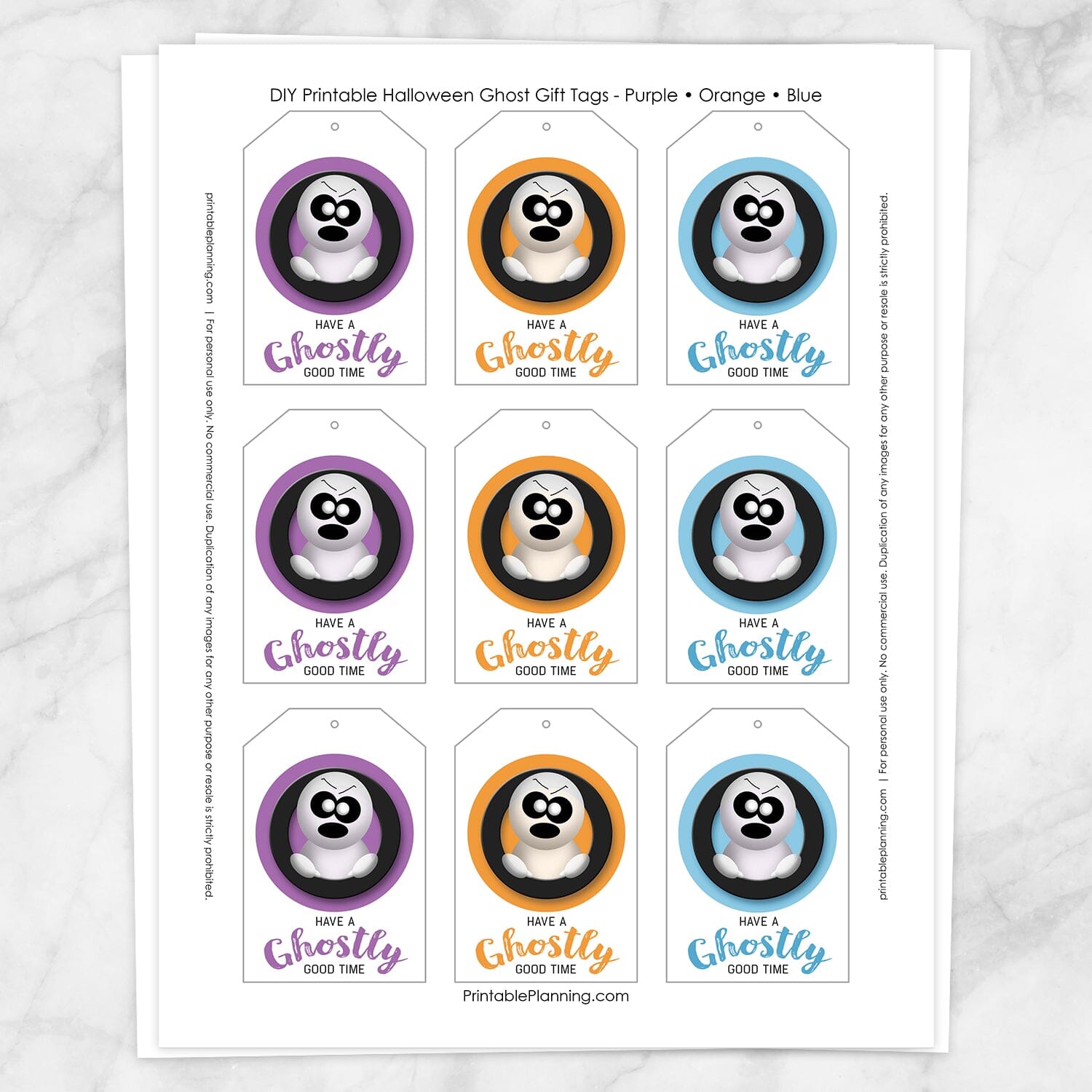 Printable Halloween Ghost Gift Tags - Purple Orange Blue at Printable Planning. Sheet of 9 gift tags.