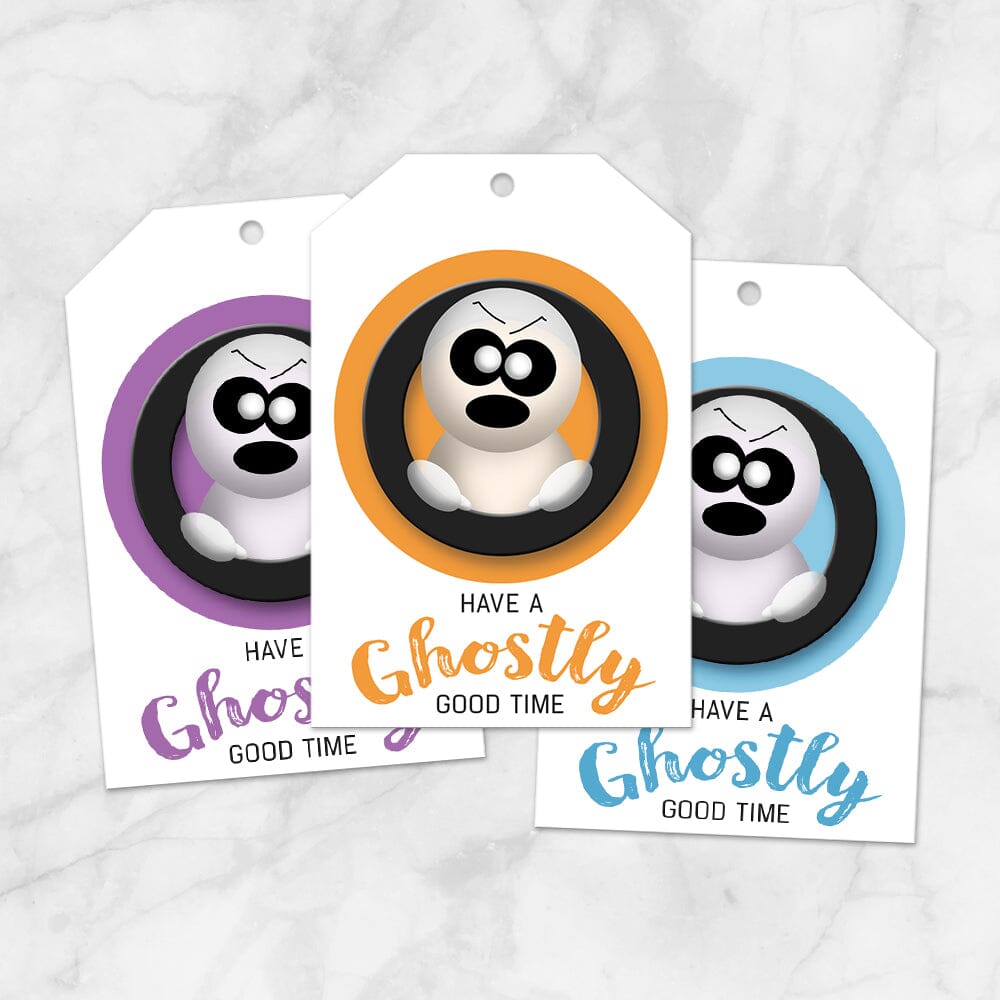 Printable Halloween Ghost Gift Tags - Purple Orange Blue at Printable Planning. Example of 3 gift tags.