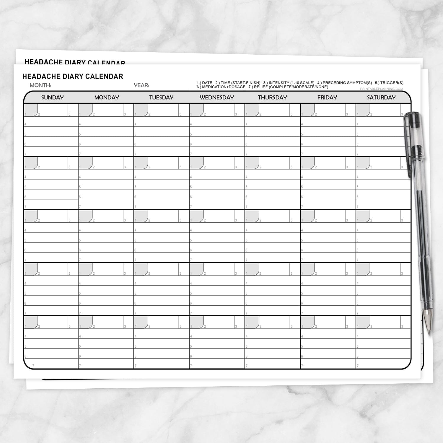 Printable Headache Diary Calendar at Printable Planning.