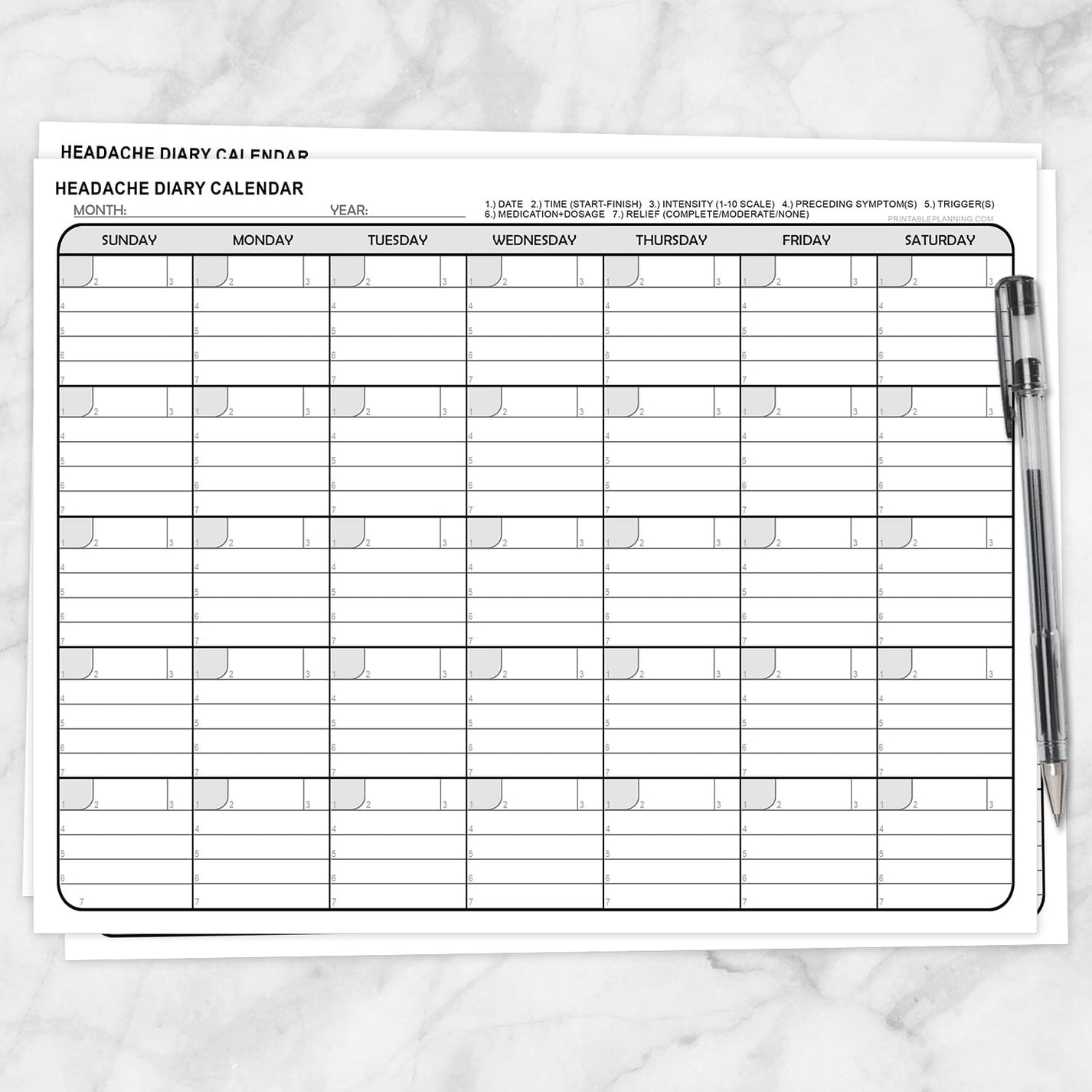 Headache Diary Calendar - Printable at Printable Planning for only 5.95