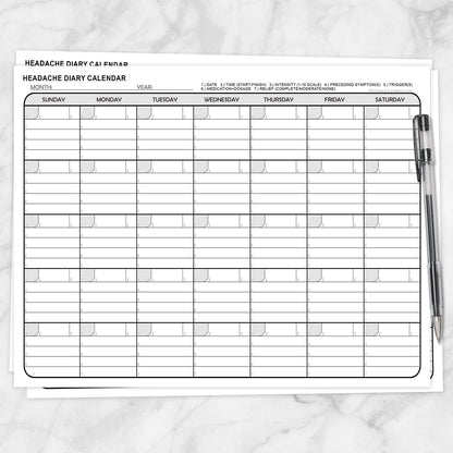 Printable Headache Diary Calendar at Printable Planning. A printable Headache Diary Calendar for monthly headache or migraine tracking. With this calendar, you can give yourself a visual record of when your headaches occur during the month while tracking the details of each one.
