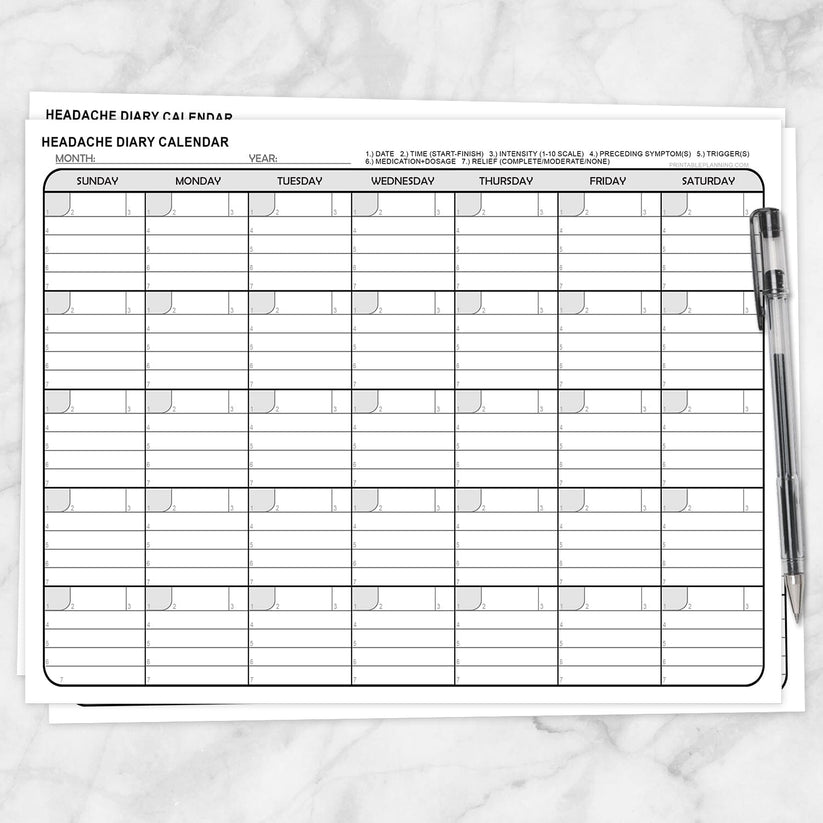 Headache Diary Calendar - Printable at Printable Planning for only 5.95