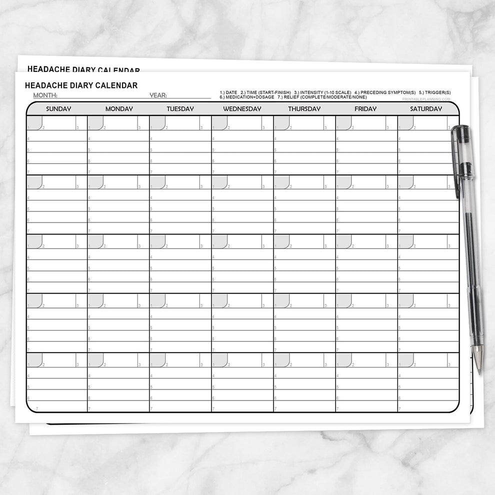 Headache Diary Calendar - Printable at Printable Planning for only 5.95