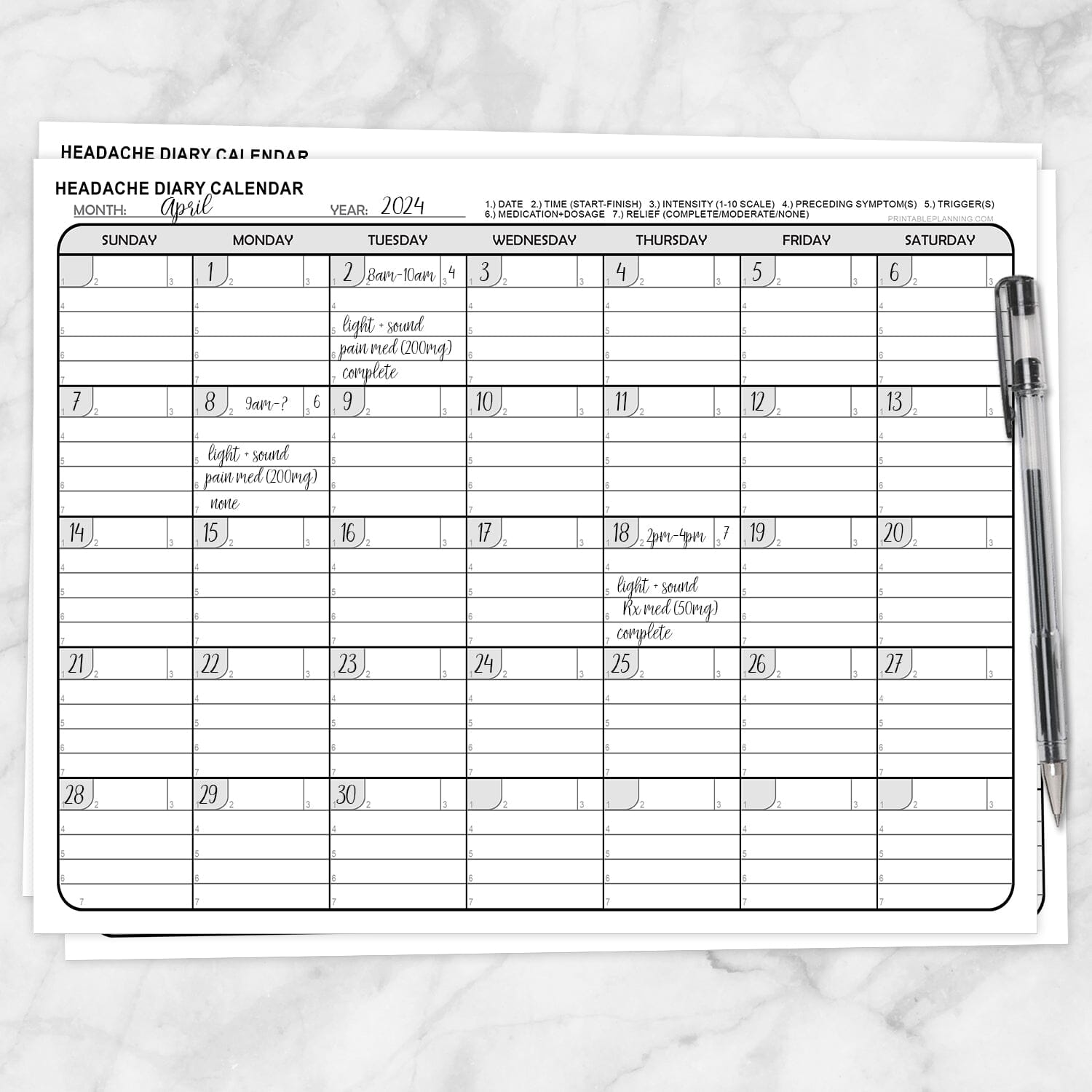 Printable Headache Diary Calendar (example with writing) at Printable Planning.
