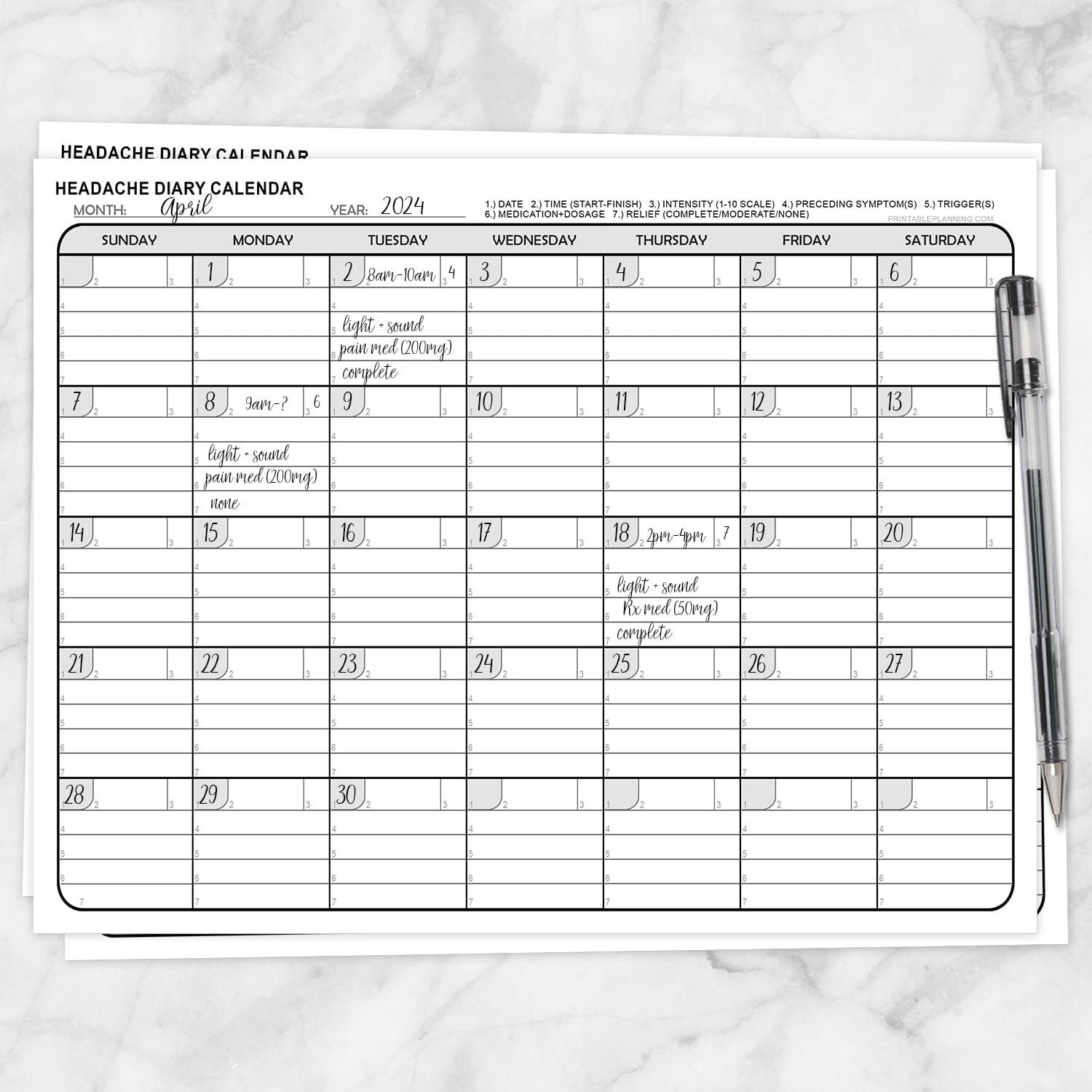 Headache Diary Calendar Printable at Printable Planning for only 5.95