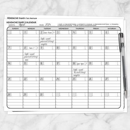 Printable Headache Diary Calendar (example with writing) at Printable Planning. A printable Headache Diary Calendar for monthly headache or migraine tracking. With this calendar, you can give yourself a visual record of when your headaches occur during the month while tracking the details of each one.