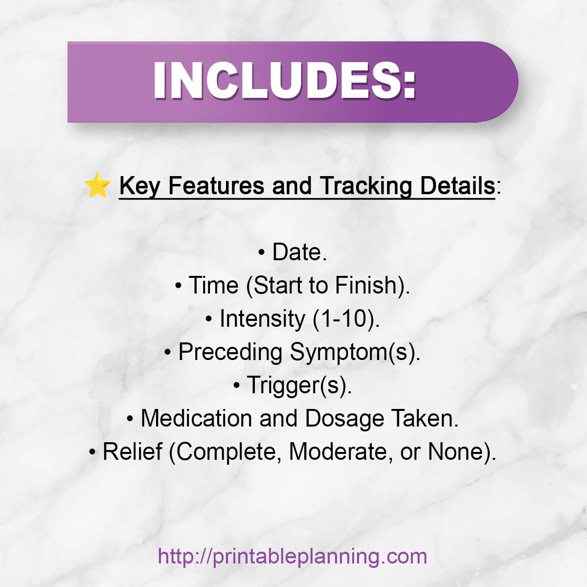 Text detailing key features and tracking details on a white background with a purple banner.