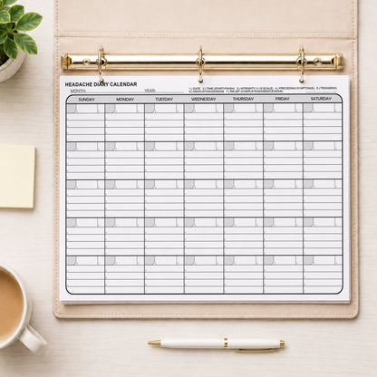 Printable Headache Diary Calendar - Monthly Migraine Tracker PDF in a beige binder on a desk with a plant, notes, coffee, and a pen.
