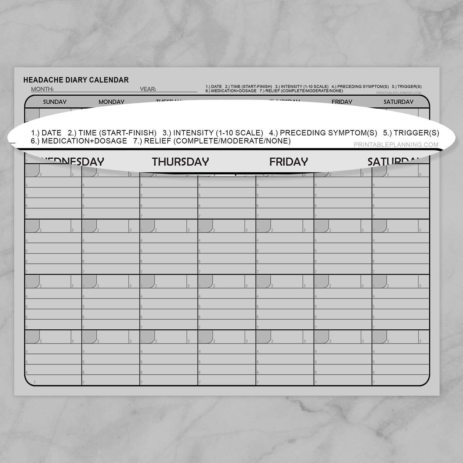 Headache diary calendar with a zoomed oval of the key.