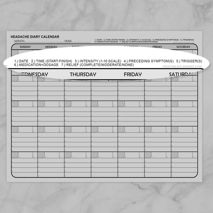 Headache diary calendar with a zoomed oval of the key.