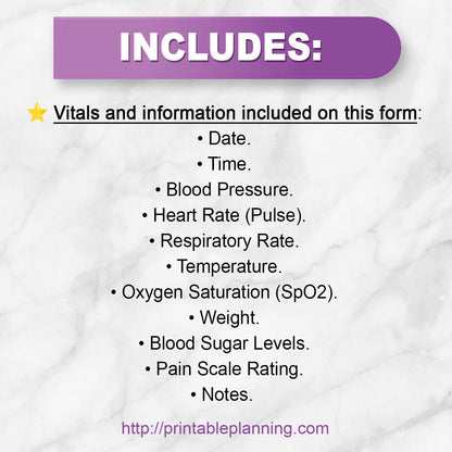 List of vitals and information included on the Printable Health Vitals Monitoring Form at Printable Planning. 