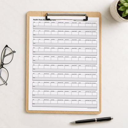 A printed Health Vitals Tracker for Caregivers (printable page) shown on a wooden clipboard on a table with a plant, glasses, and a pen.