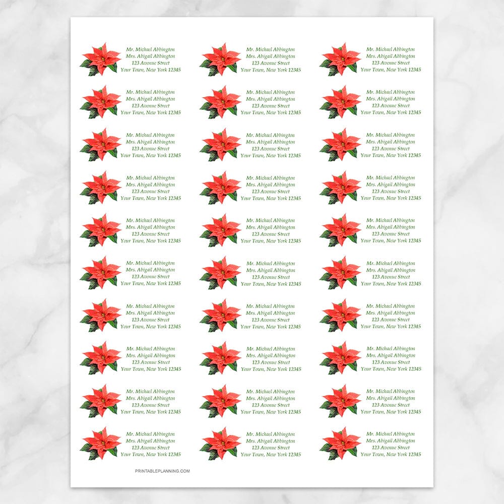 printable holiday personalized poinsettia address labels