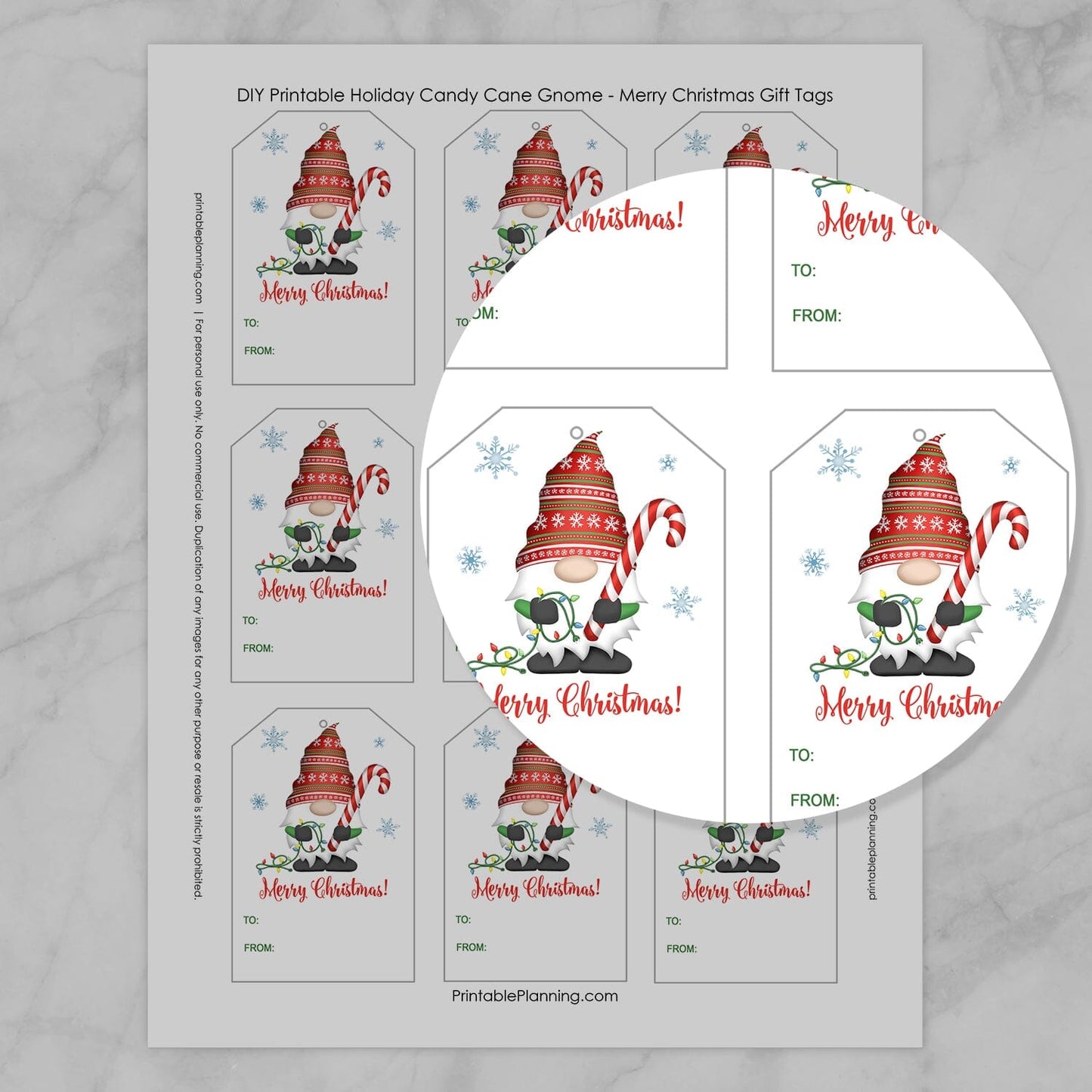An image showing a zoomed in section of the Holiday Candy Cane Gnome Merry Christmas Gift Tags.