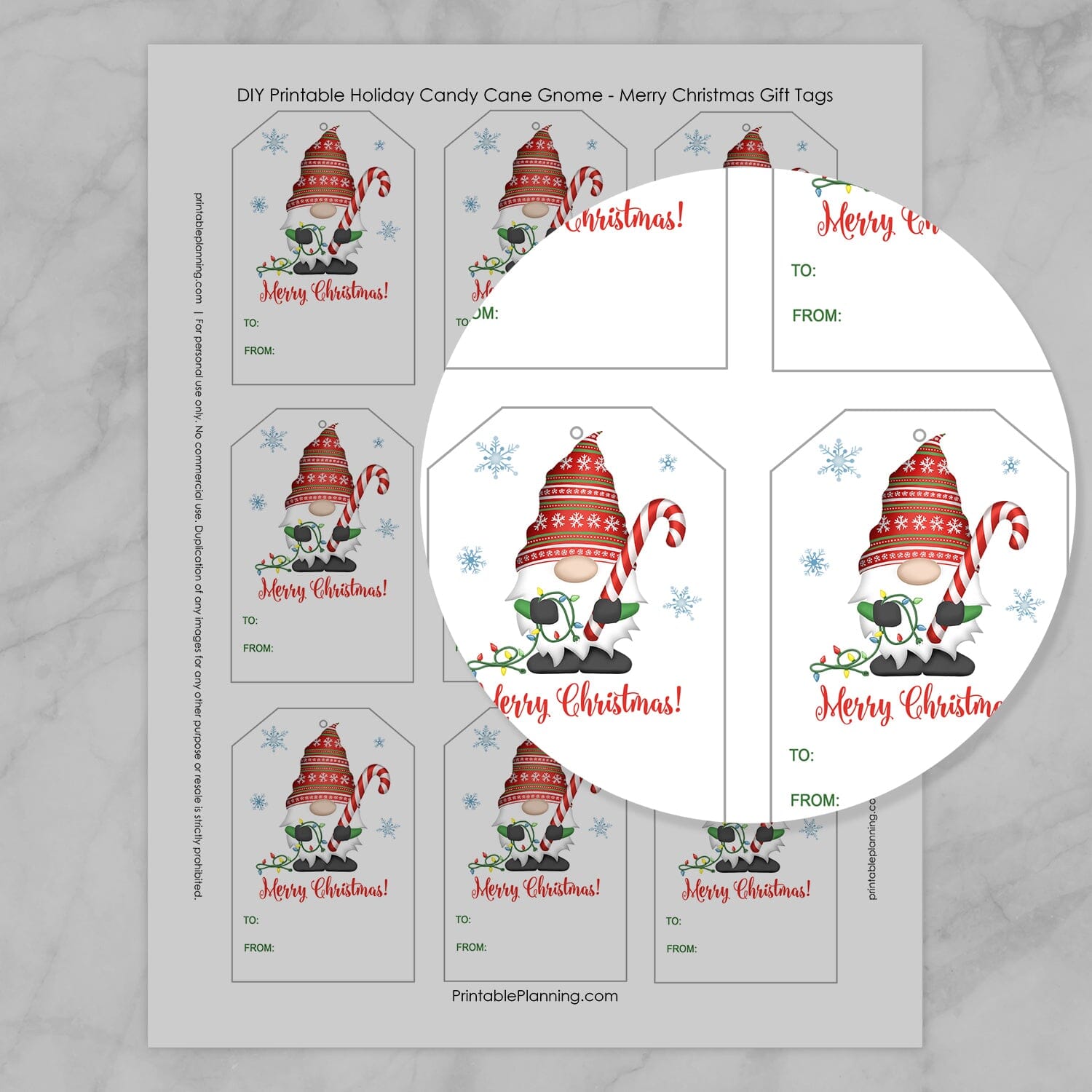 An image showing a zoomed in section of the Holiday Candy Cane Gnome Merry Christmas Gift Tags.