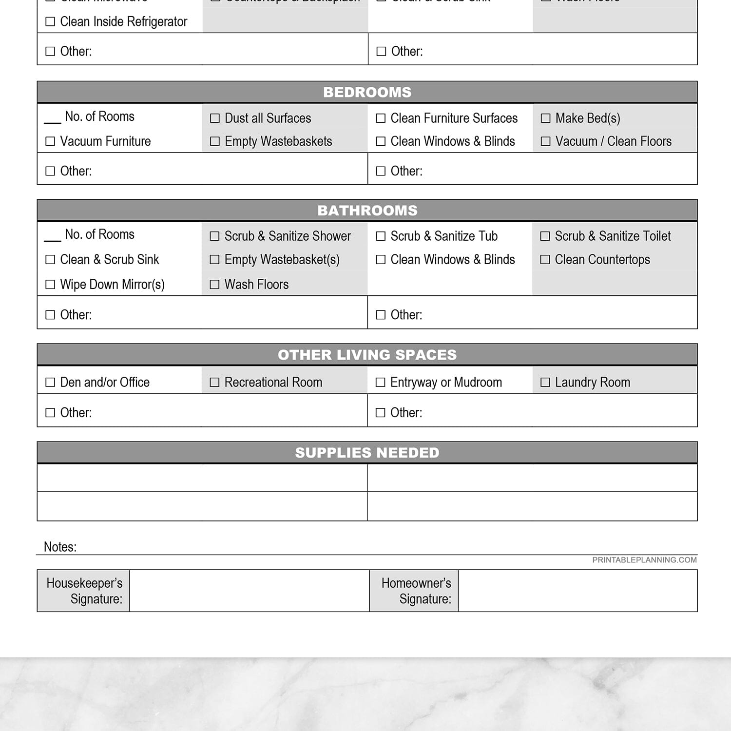 Printable Housekeeping Log - Detailed Cleaning Service Tracking at Printable Planning. Image shows a closeup of the bottom half of the page.