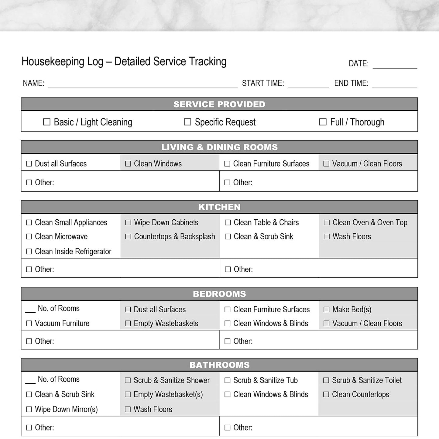 Printable Housekeeping Log - Detailed Cleaning Service Tracking at Printable Planning. Image shows a closeup of the top half of the page.