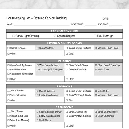 Printable Housekeeping Log - Detailed Cleaning Service Tracking at Printable Planning. Image shows a closeup of the top half of the page.