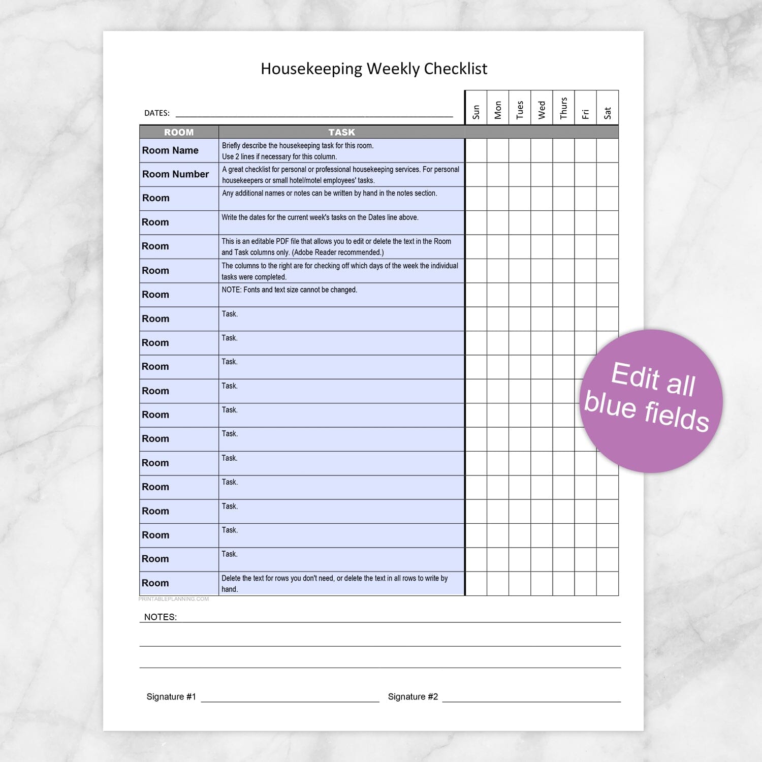 Printable Housekeeping Weekly Checklist - Cleaning Services Editable Room and Task List at Printable Planning. Edit all blue fields.