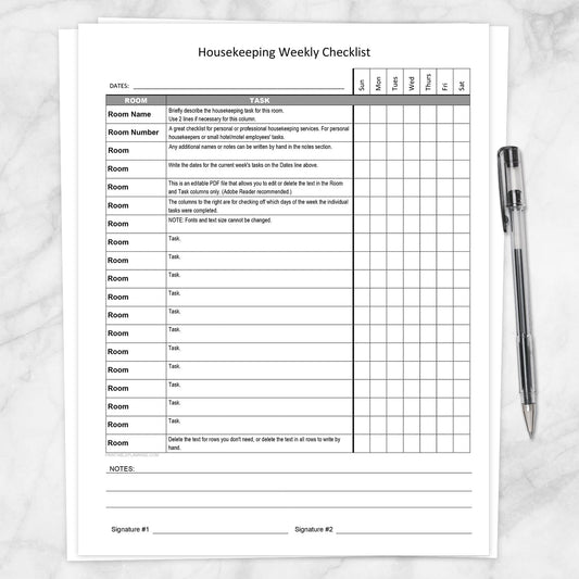 Printable Housekeeping Weekly Checklist - Cleaning Services Editable Room and Task List at Printable Planning.