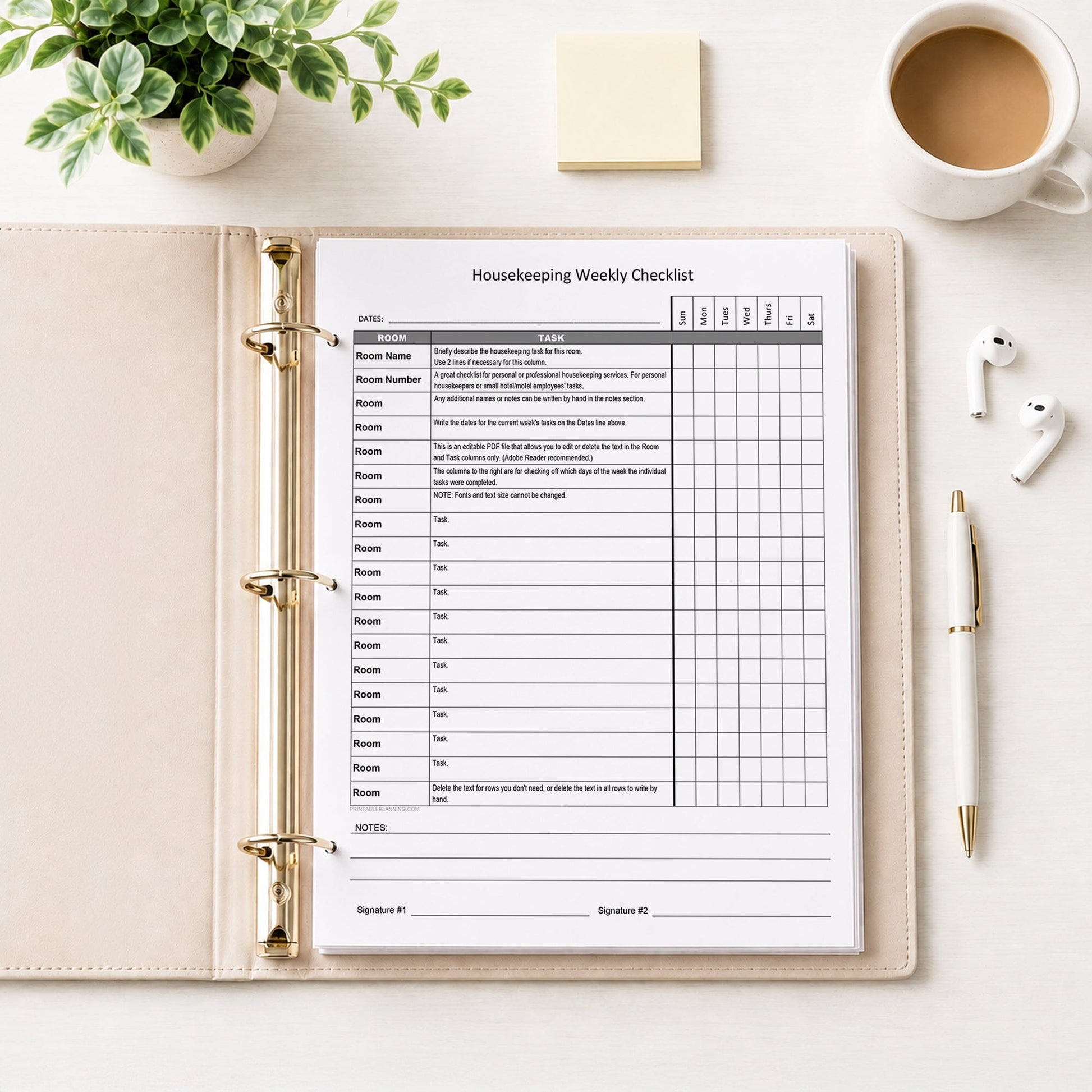 Housekeeping Weekly Checklist for Cleaning Services (printable page) shown in a beige binder on a desk with earbuds, notes, coffee, plant, and a pen.