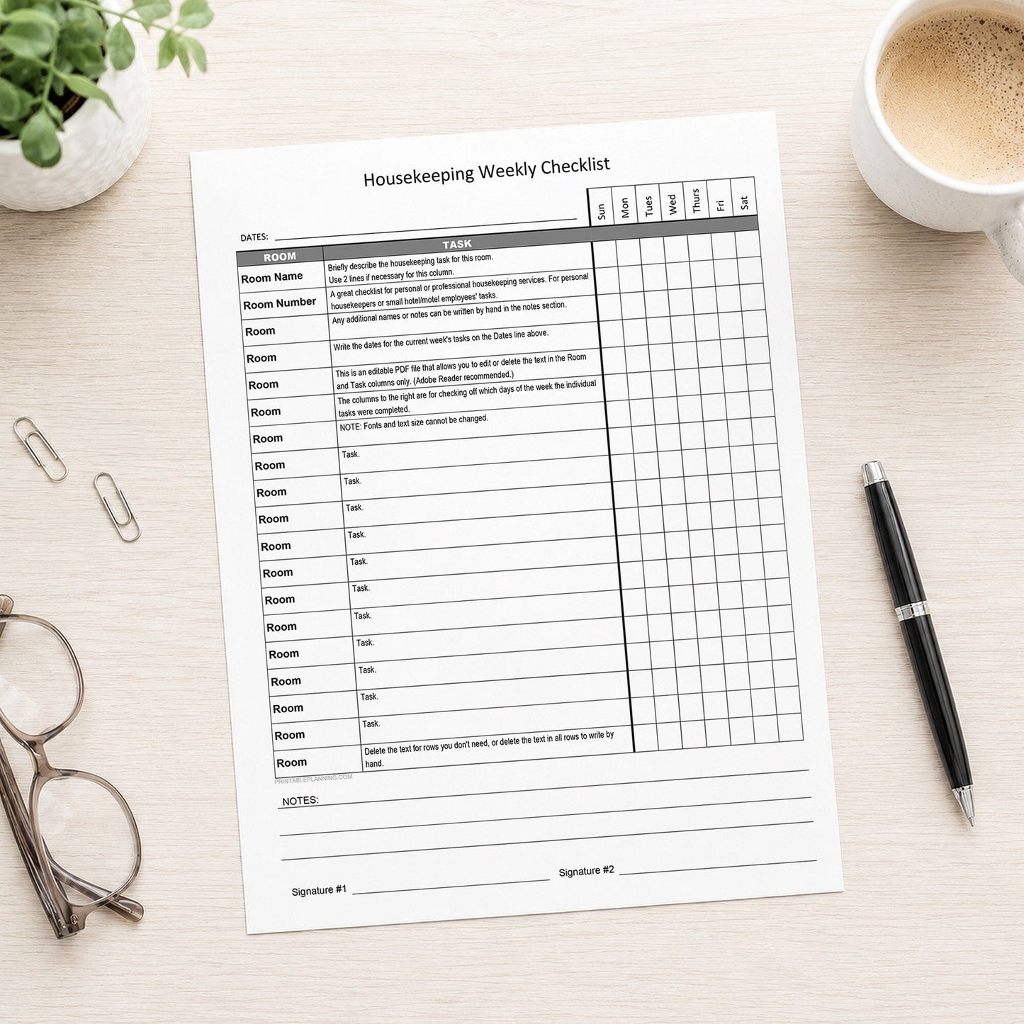 Housekeeping Weekly Checklist for Cleaning Services (printable page) shown on a desk with glasses, coffee, a plant, and a pen.