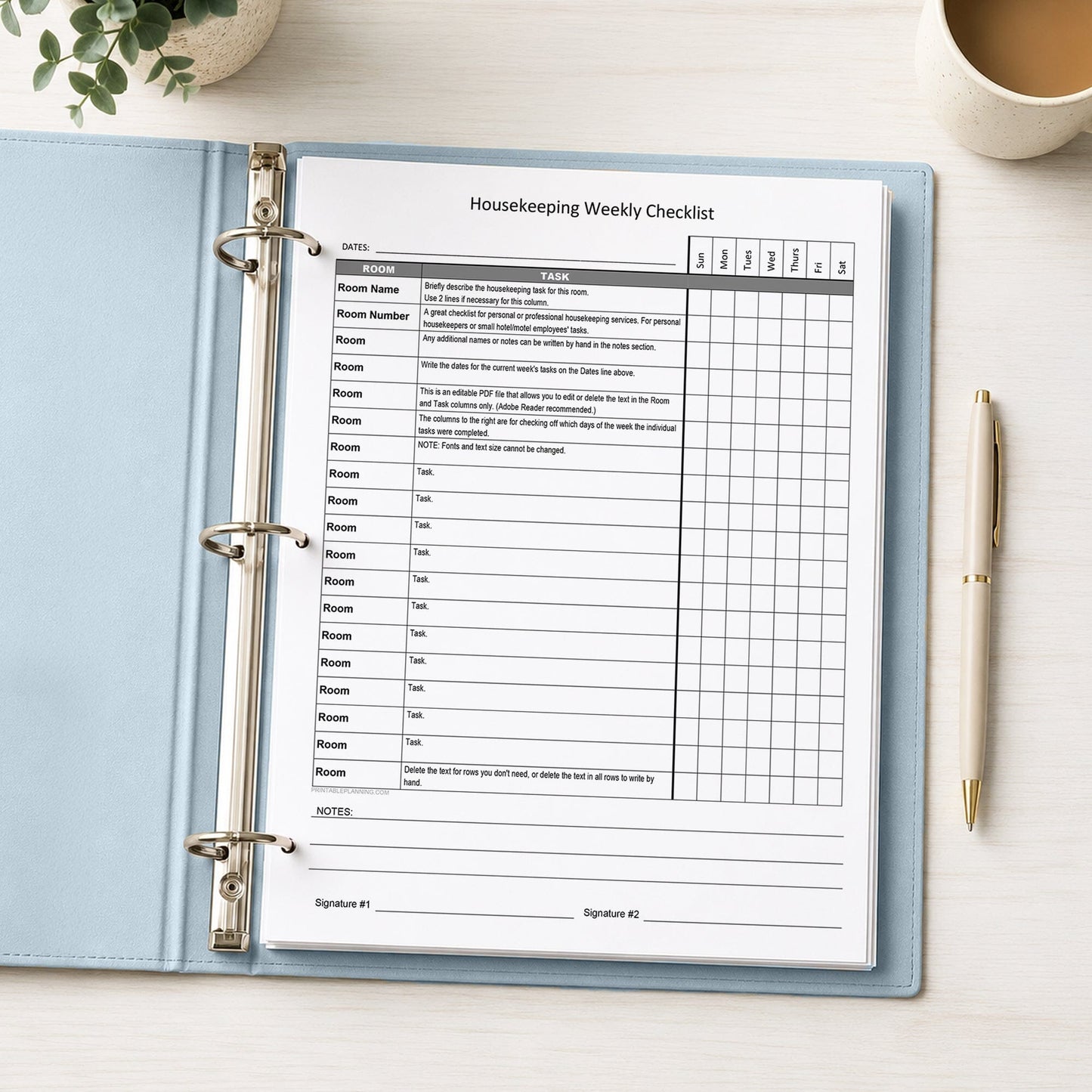 Housekeeping Weekly Checklist for Cleaning Services (printable page) shown in a light blue binder on a desk with a plant, coffee, and a pen.
