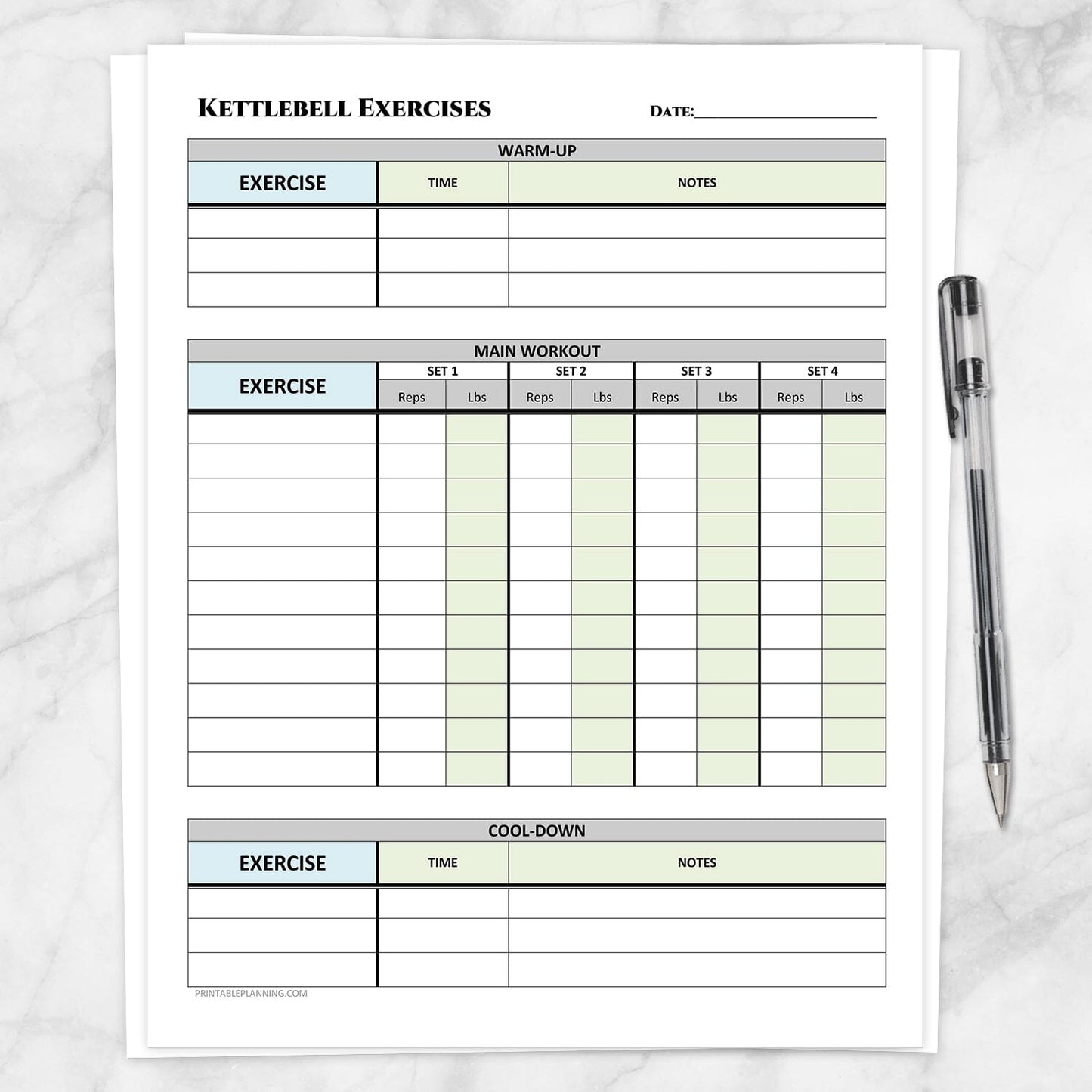 Printable Kettlebell Exercises Sheet with Warm-up and Cool-down at Printable Planning.