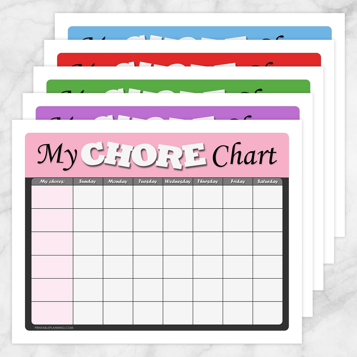 Printable Kids Chore Chart BUNDLE - 'My Chore Chart' Weekly Page in 5 Colors at Printable Planning.