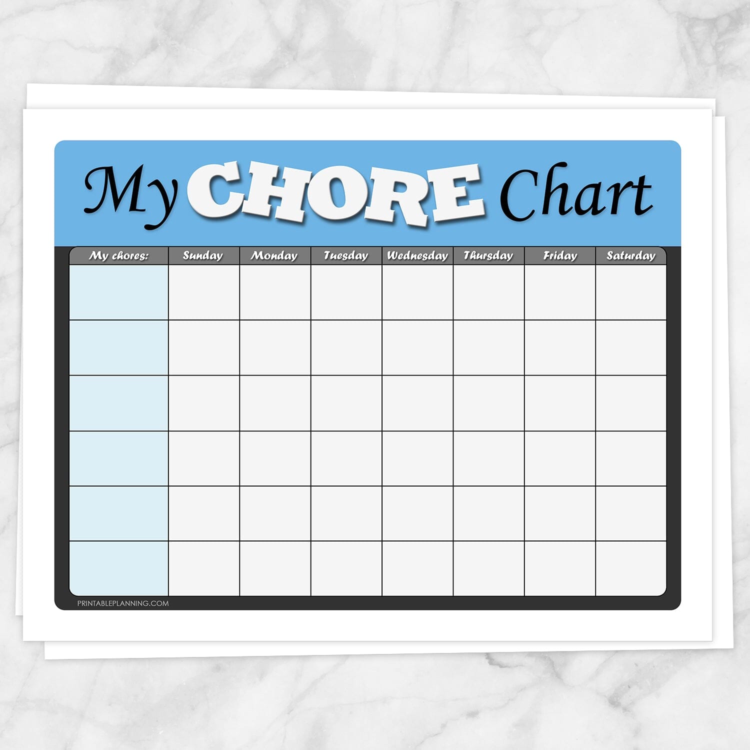 Printable Kids Chore Chart - 'My Chore Chart' Weekly Page in blue at Printable Planning.