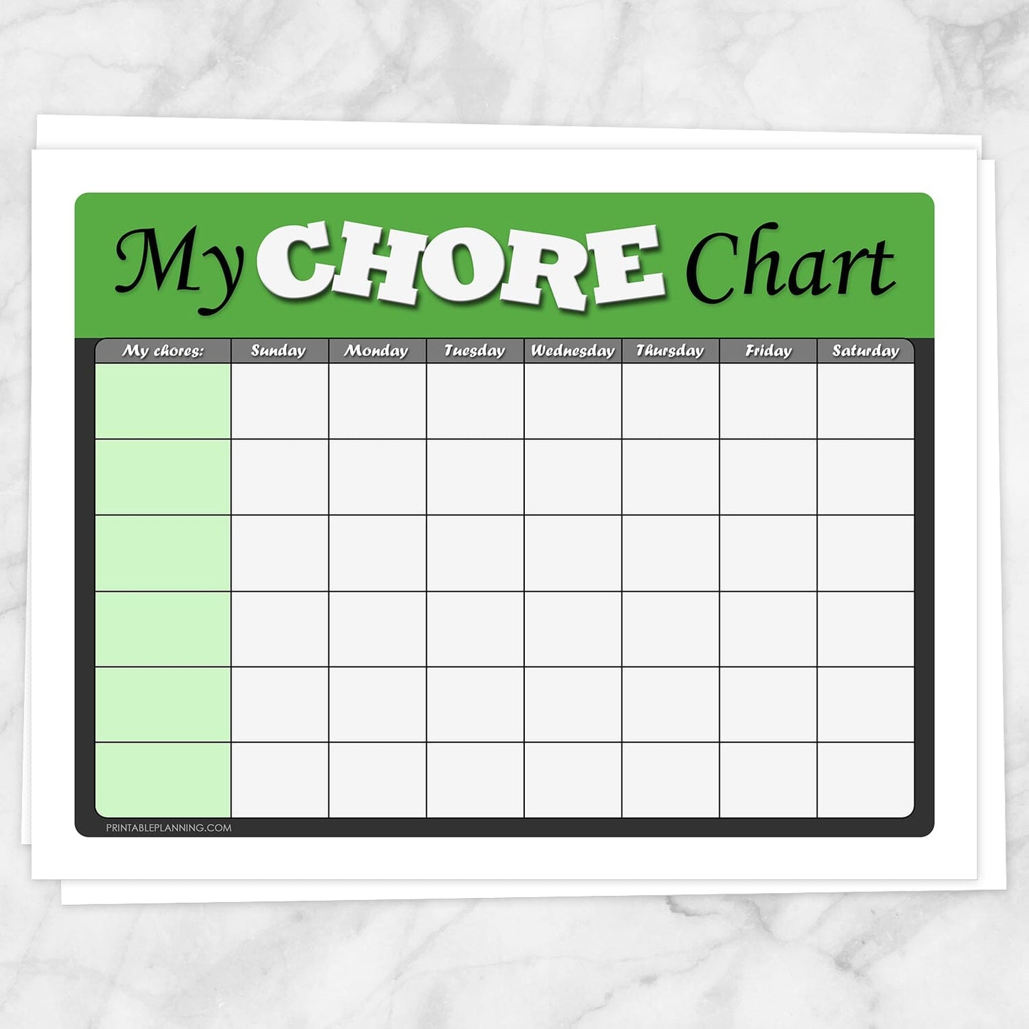 Printable Kids Chore Chart - 'My Chore Chart' Weekly Page in green at Printable Planning.