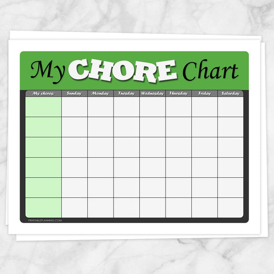 Printable Kids Chore Chart - Green 'My Chore Chart' Weekly Page at Printable Planning.