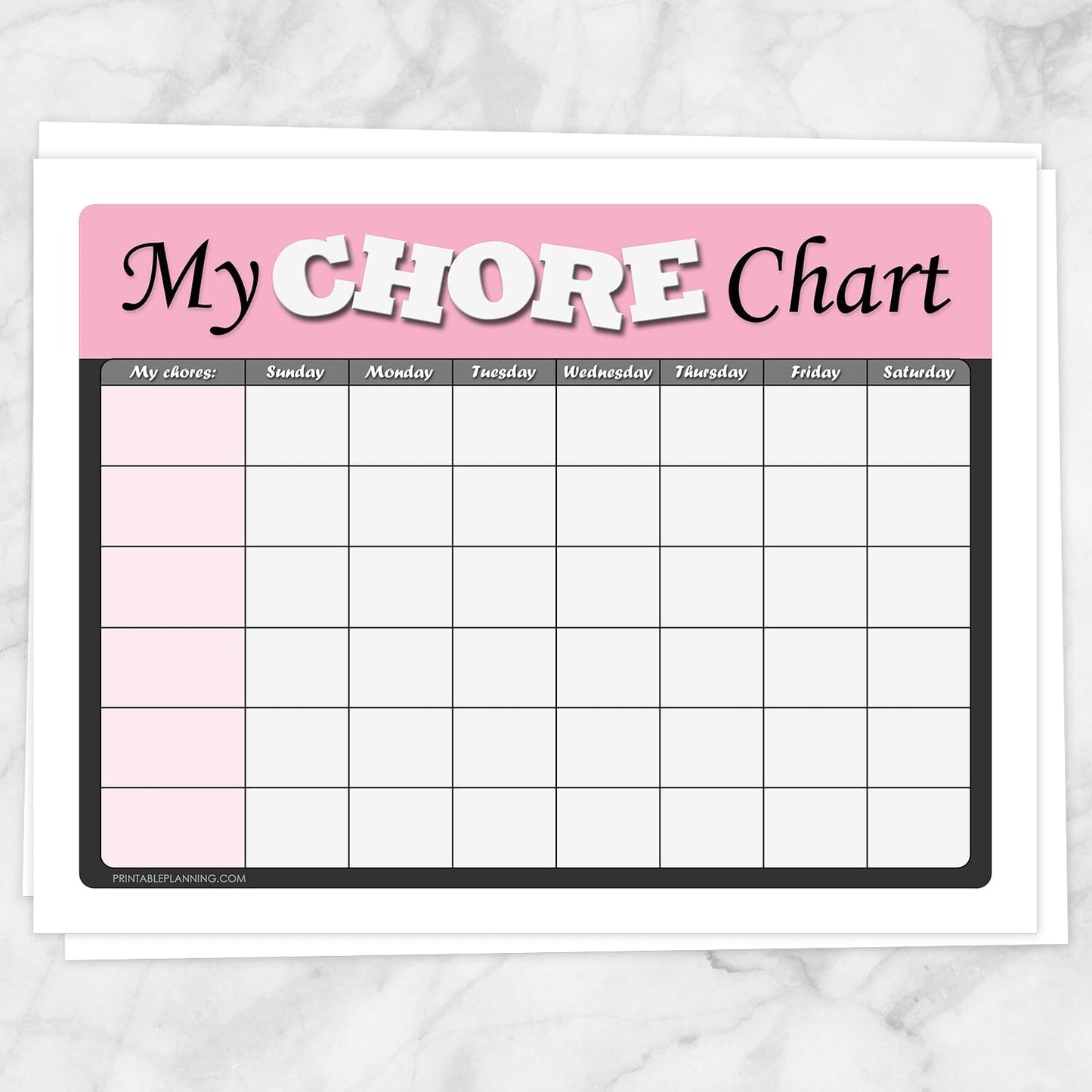 Printable Kids Chore Chart - 'My Chore Chart' Weekly Page in pink at Printable Planning.