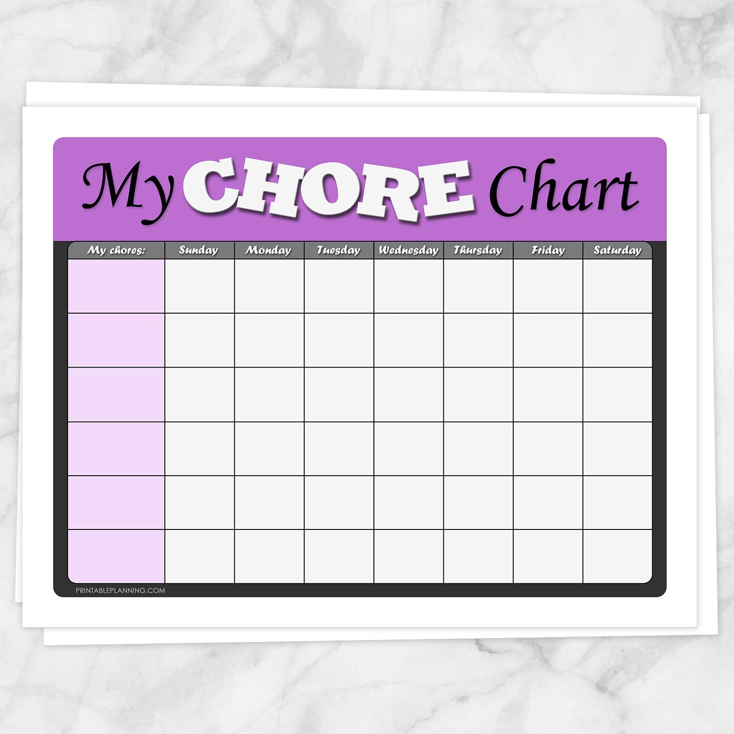 Printable Kids Chore Chart - 'My Chore Chart' Weekly Page in purple at Printable Planning.