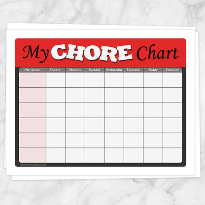 Printable Kids Chore Chart - 'My Chore Chart' Weekly Page in red at Printable Planning.