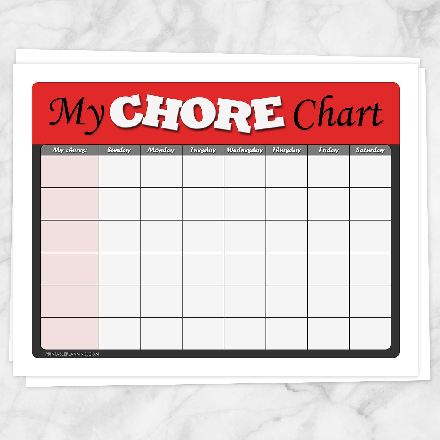 Printable Kids Chore Chart - Red 'My Chore Chart' Weekly Page at Printable Planning.