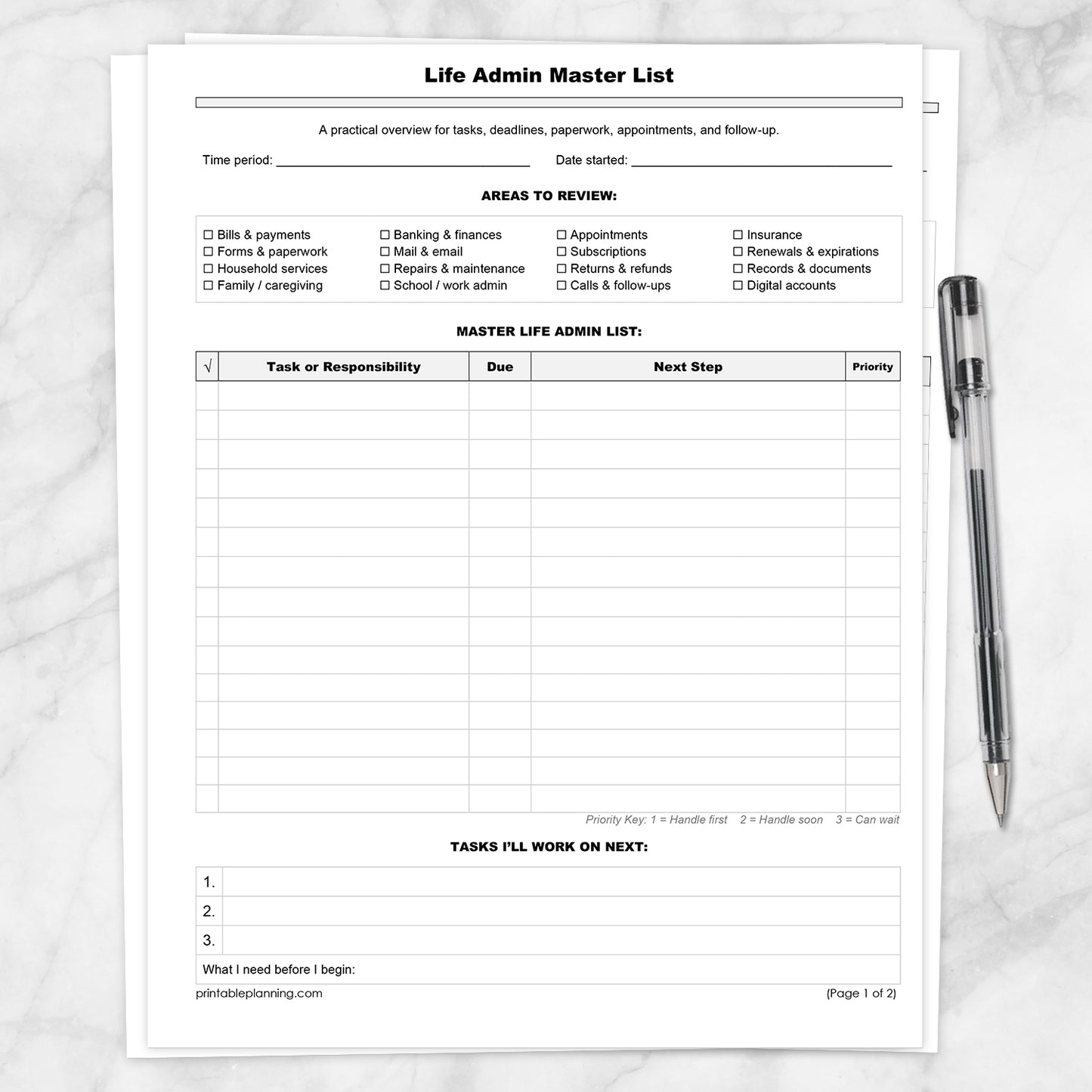 Printable Life Admin Master List and Follow-Up Tracker (Master List on top) shown on a marble surface with a pen.