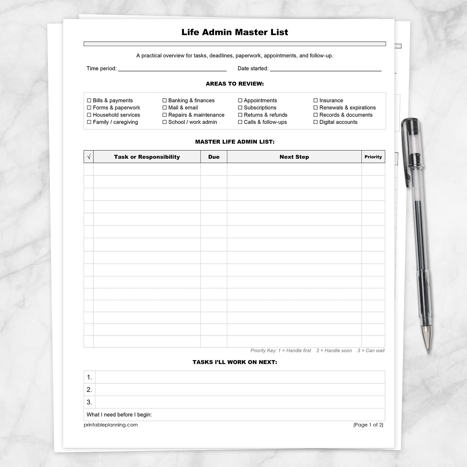 Printable Life Admin Master List and Follow-Up Tracker (Master List on top) shown on a marble surface with a pen.