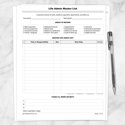 Printable Life Admin Master List and Follow-Up Tracker (Master List on top) shown on a marble surface with a pen.
