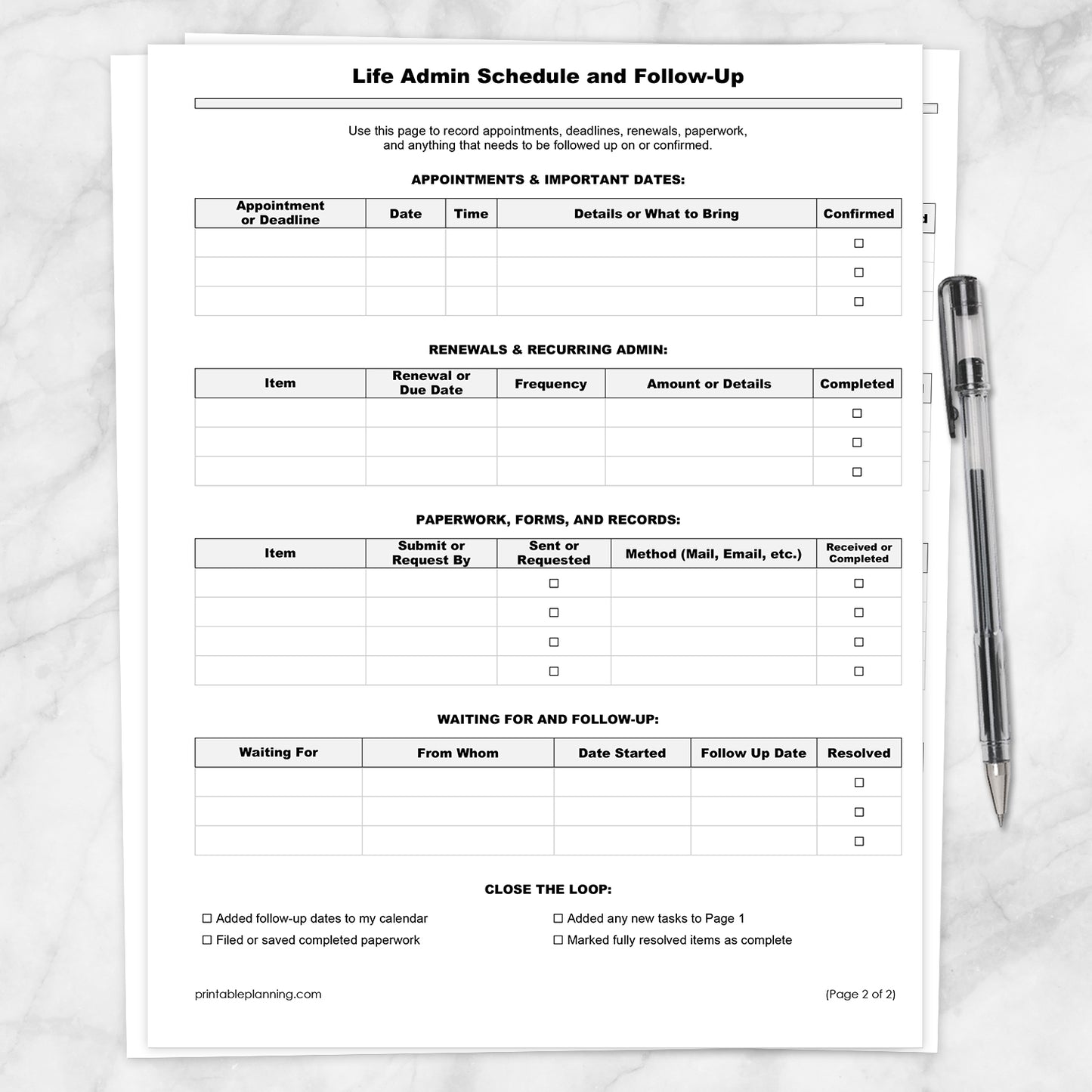 The printable Life Admin Master List and Follow-Up Tracker (Schedule & Follow-Up page shown on top) on a marble surface with a pen.