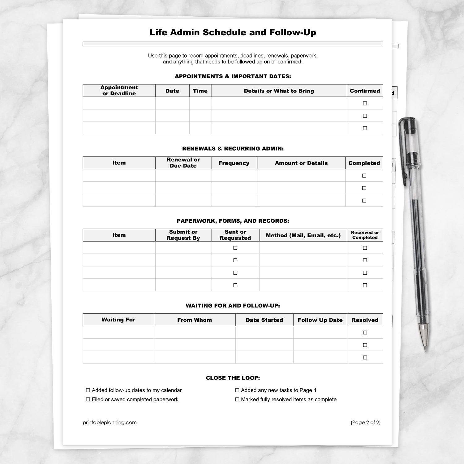 The printable Life Admin Master List and Follow-Up Tracker (Schedule & Follow-Up page shown on top) on a marble surface with a pen.