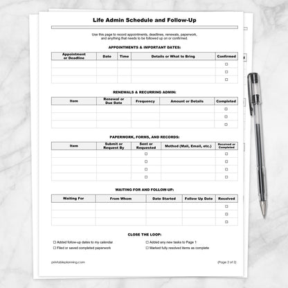 The printable Life Admin Master List and Follow-Up Tracker (Schedule & Follow-Up page shown on top) on a marble surface with a pen.