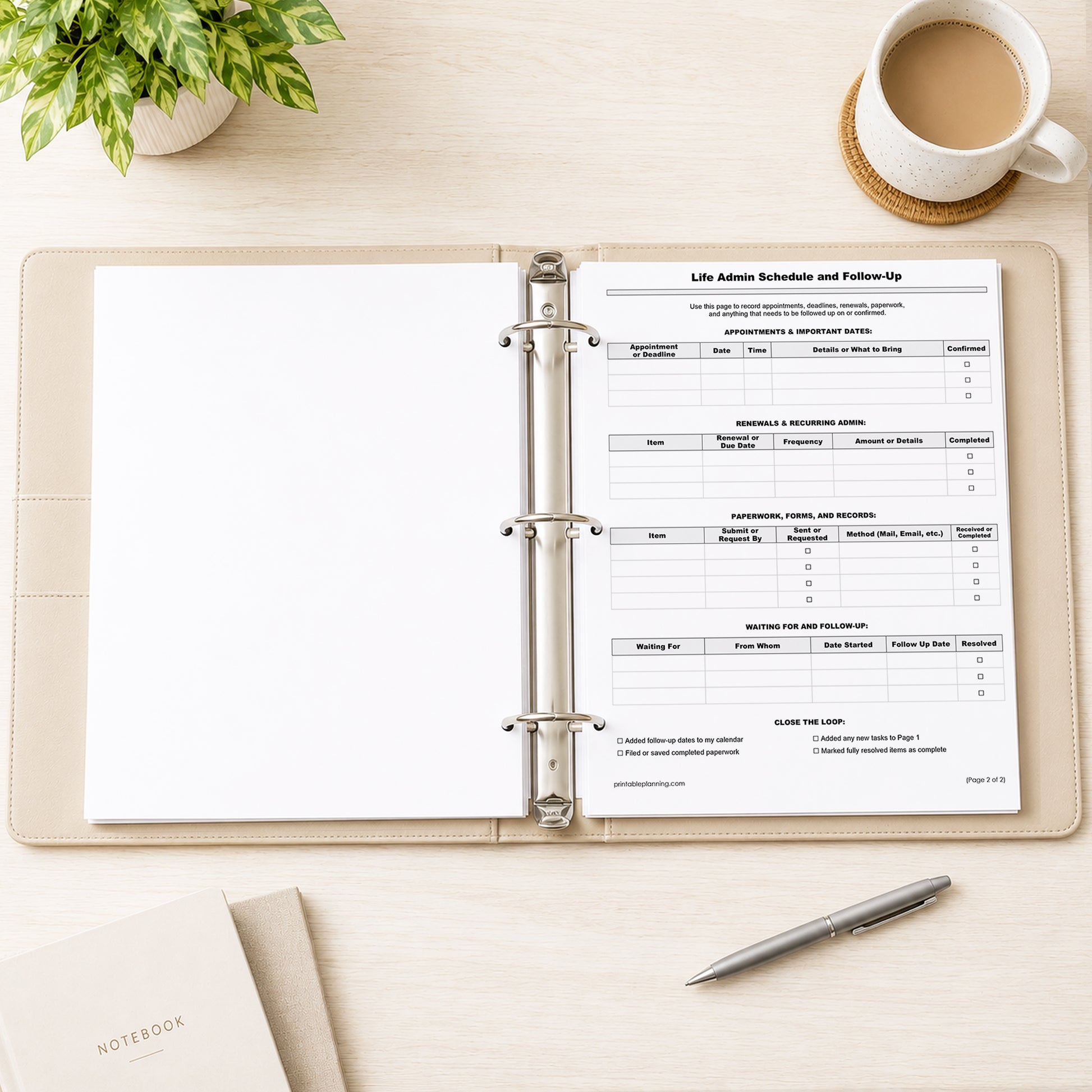 A printed Life Admin Schedule & Follow-Up Tracker (printable page) shown in a open binder with pages before it, on a desk with a plant, notebooks, coffee, and a pen.